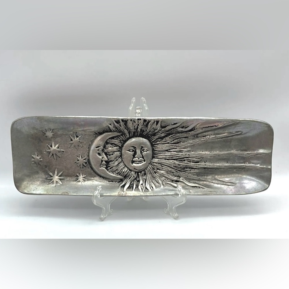 Large 17″ X 5″ Cast Pewter Mexican Sun, Moon & Stars Tray Plate Holder🌜🌞